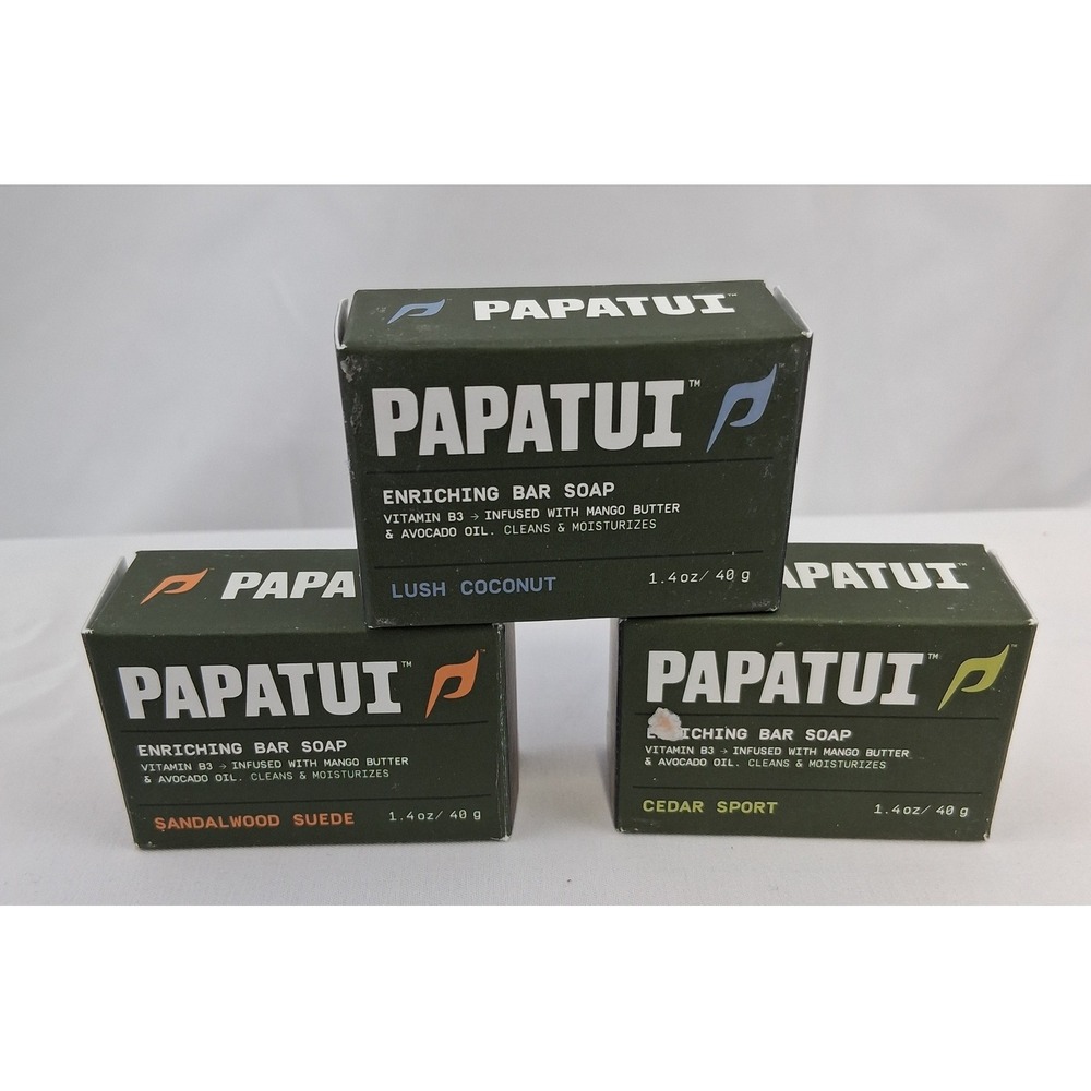Papatui Enriching Bar Soap 3 Pack of 1.4 oz Lush Coconut‎ Sandalwood Cedar Sport